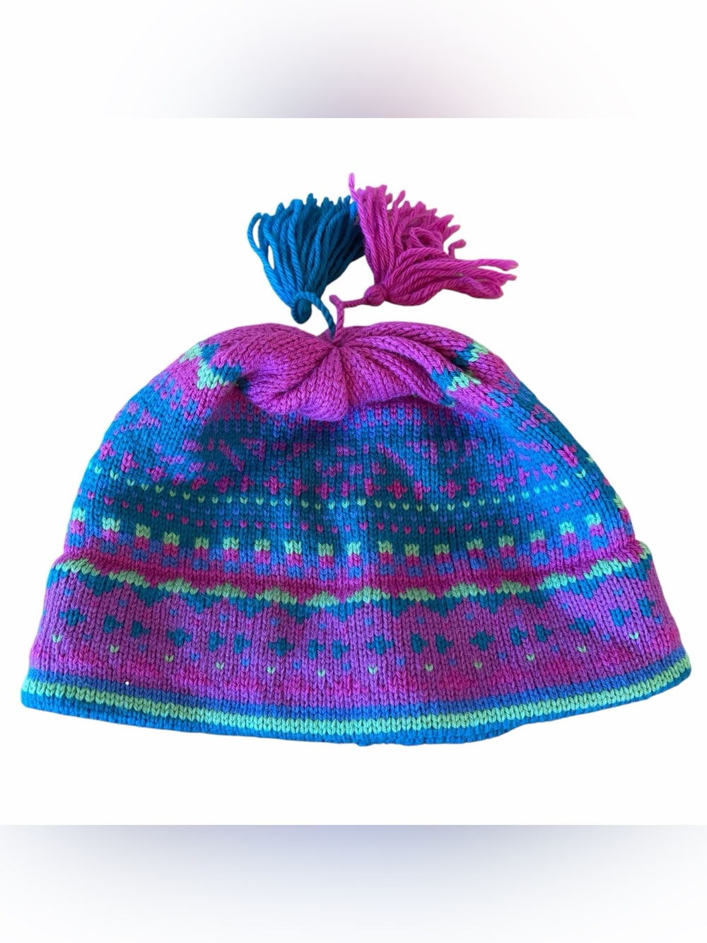 VTG Murray Merkley Ltd Virgin Wool Fair Isle Knit Cap Ski Hat Ponytail Adjustabl
